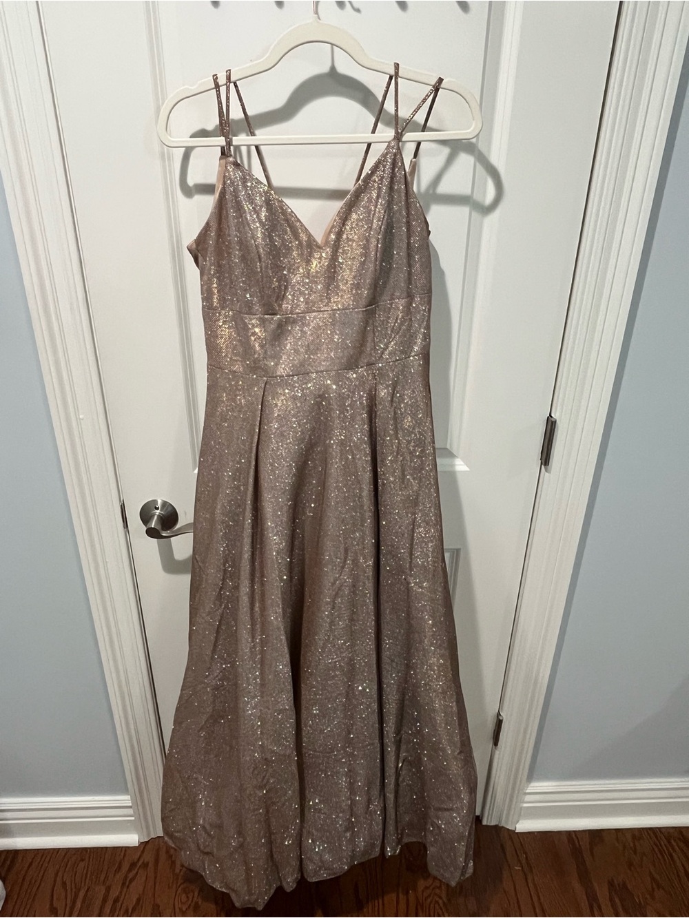 V-Neck A-Line Glitter Evening Gown - Champagne